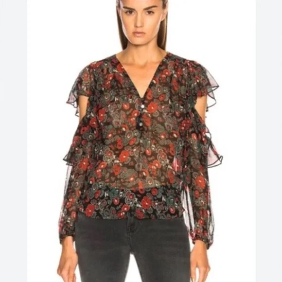 Veronica Beard Blakely Floral Silk Cut Out V-Neck Blouse Size 8 Black Multi - Picture 2 of 8